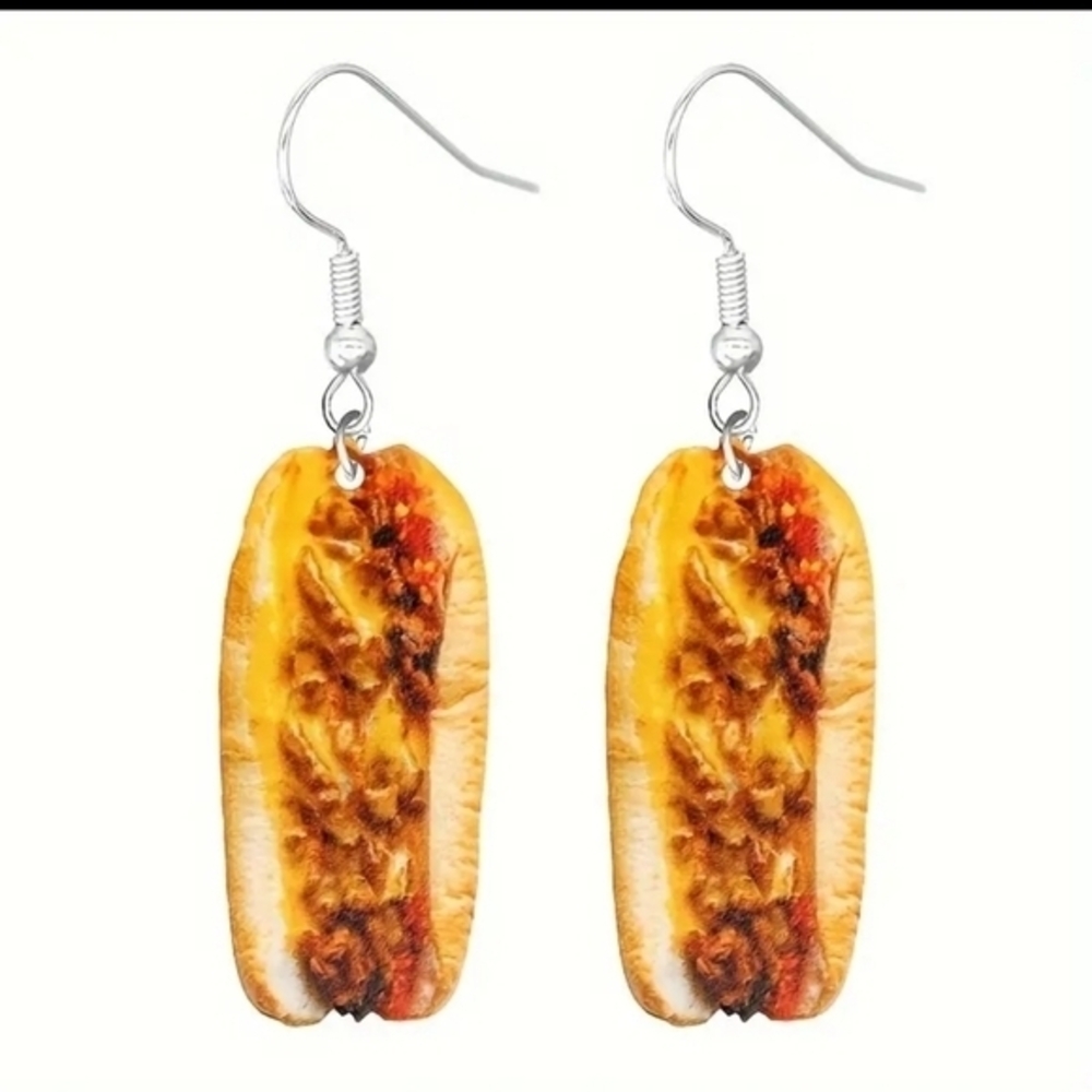 Chilli Cheese Hotdog Earrings Doubled Sided‎ Fun Novelty Acrylic